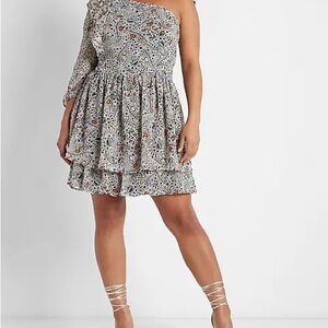 Express x Rachel Zoe Printed One Shoulder Ruffle Mini Dress Size Small (4-6)